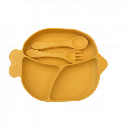 Πιατάκι Φαγητού με Κουταλάκι και Πιρουνάκι Σιλικόνης Silicone set yellow fish